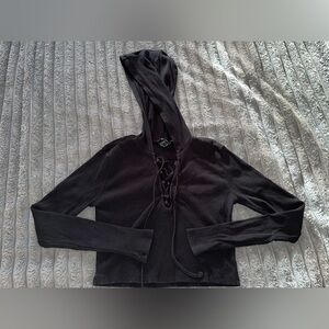 Forever 21 Black Cropped Ribbed Lace Up Top